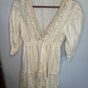 Z&L Europe Tassels Lace Trim Tiered Airy-Cotton Bohemian Fairy Mini Dress XS/S
